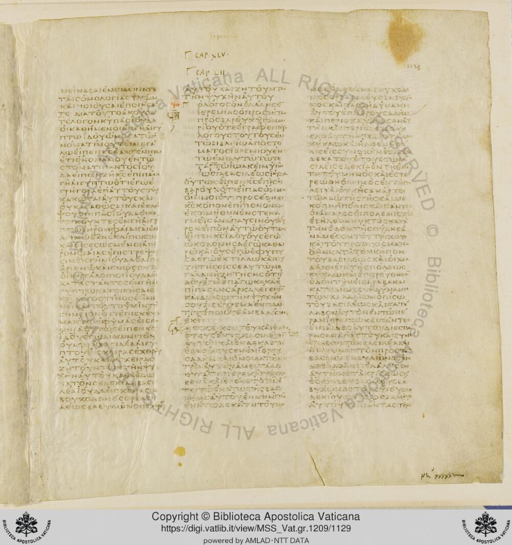 Codex Vaticanus showing Jeremiah 51:39 from Early to Mid-4th Century AD, currently housed at Vatican Library, Vatican City