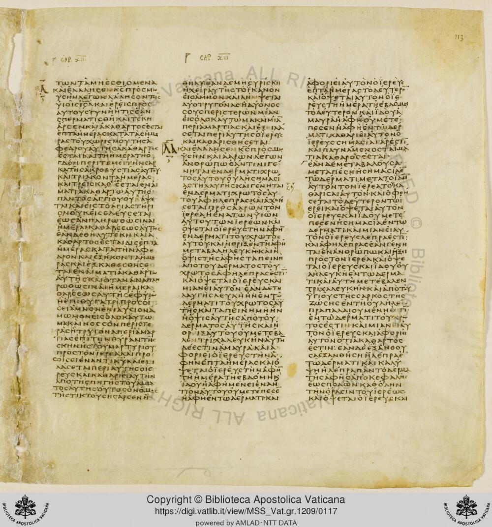 Codex Vaticanus showing Leviticus 13:2 from Early to Mid-4th Century AD, currently housed at Vatican Library, Vatican City