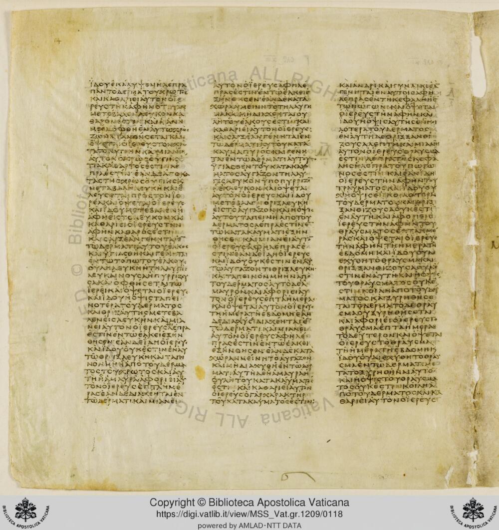 Codex Vaticanus showing Leviticus 13:21 from Early to Mid-4th Century AD, currently housed at Vatican Library, Vatican City