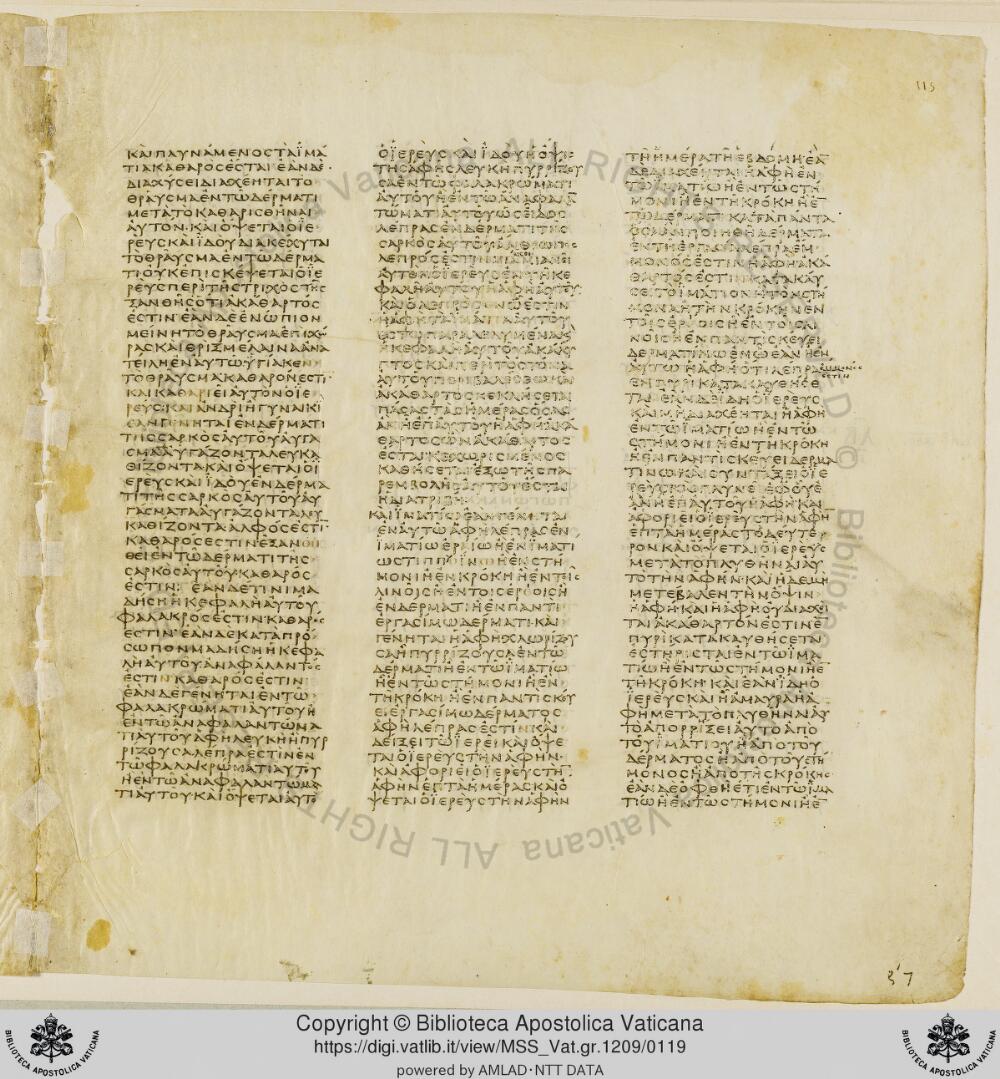 Codex Vaticanus showing Leviticus 13:39 from Early to Mid-4th Century AD, currently housed at Vatican Library, Vatican City