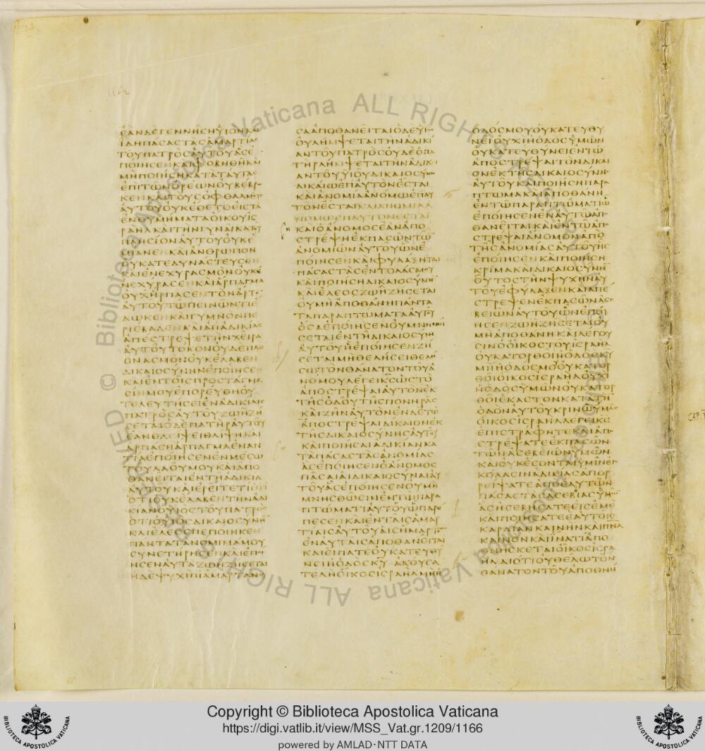 Codex Vaticanus showing Ezekiel 17:21 from Early to Mid-4th Century AD, currently housed at Vatican Library, Vatican City