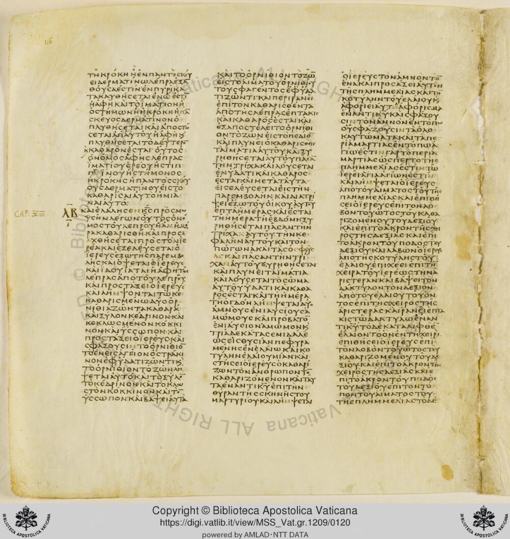 Codex Vaticanus showing Leviticus 13:56 from Early to Mid-4th Century AD, currently housed at Vatican Library, Vatican City