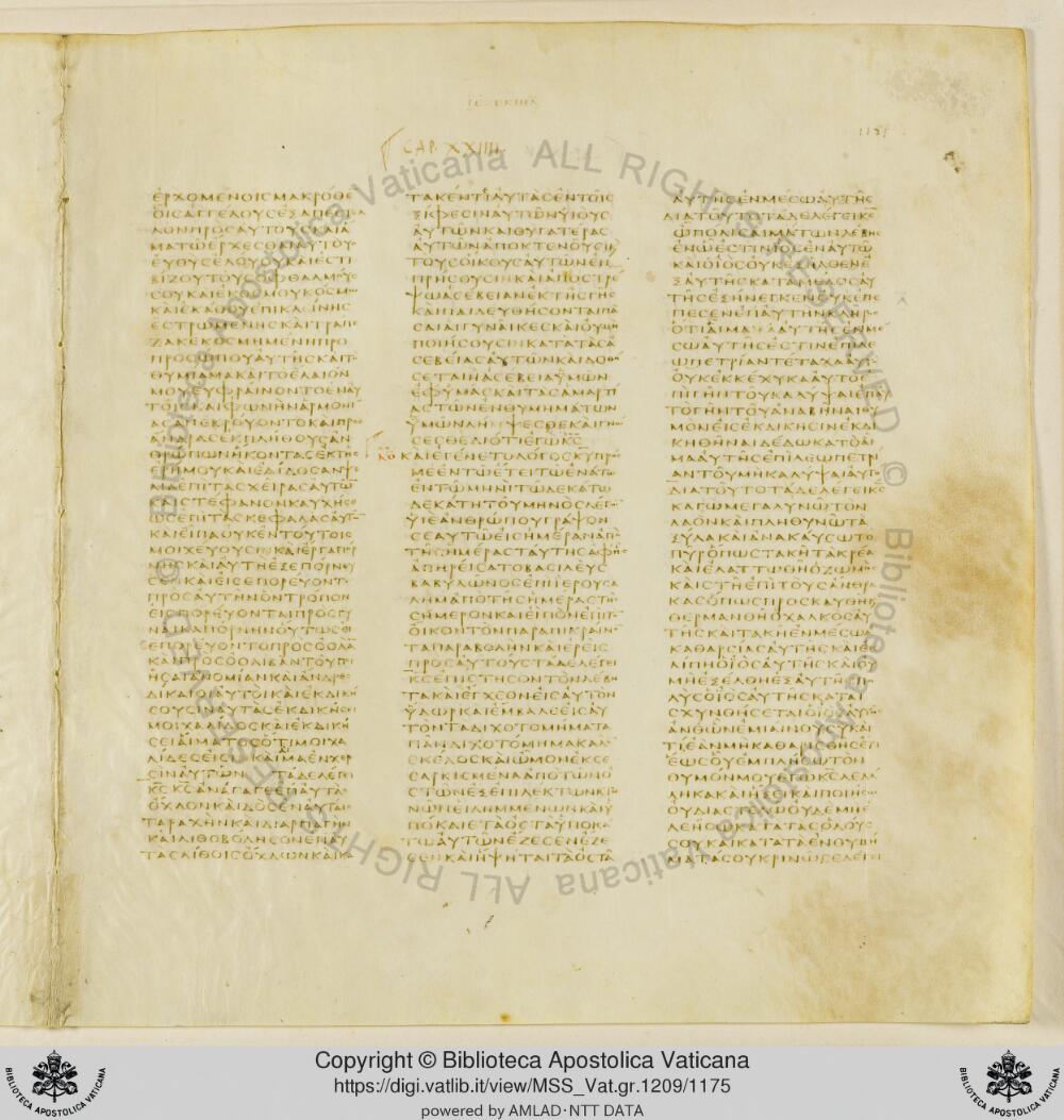 Codex Vaticanus showing Ezekiel 23:21 from Early to Mid-4th Century AD, currently housed at Vatican Library, Vatican City