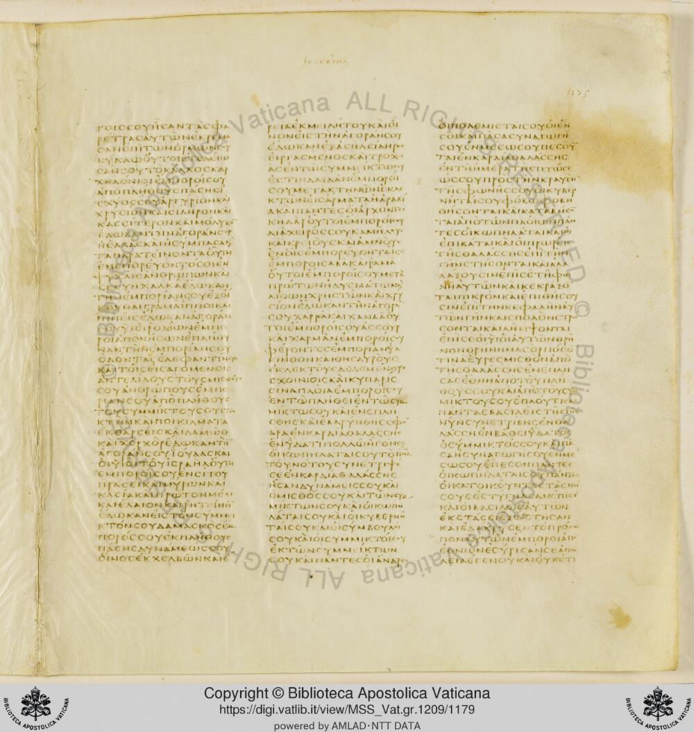 Codex Vaticanus showing Ezekiel 25:9 from Early to Mid-4th Century AD, currently housed at Vatican Library, Vatican City
