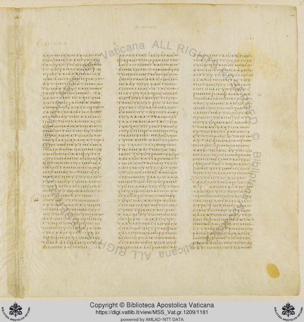 Codex Vaticanus showing Ezekiel 27:21 from Early to Mid-4th Century AD, currently housed at Vatican Library, Vatican City