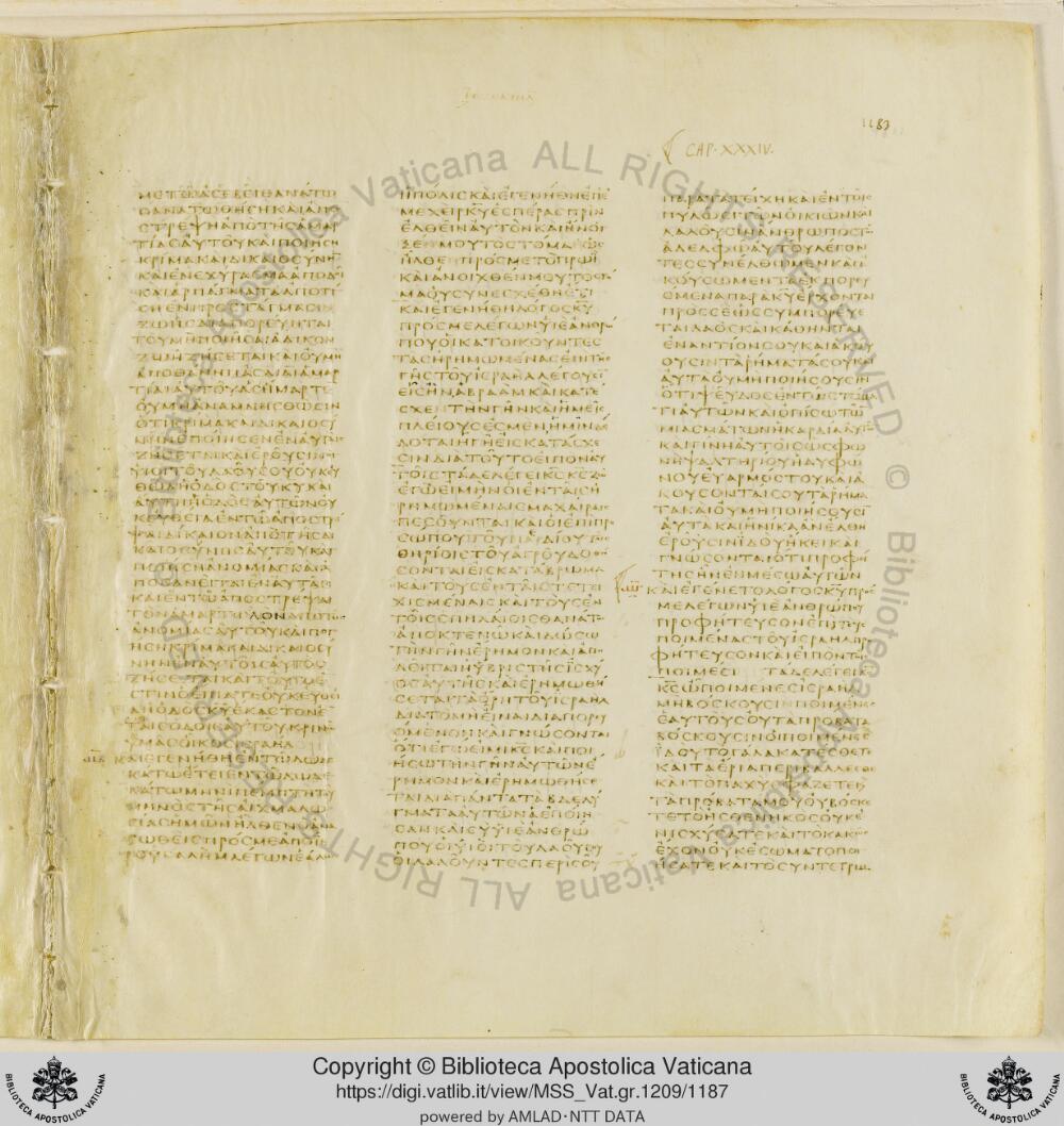 Codex Vaticanus showing Ezekiel 32:21 from Early to Mid-4th Century AD, currently housed at Vatican Library, Vatican City