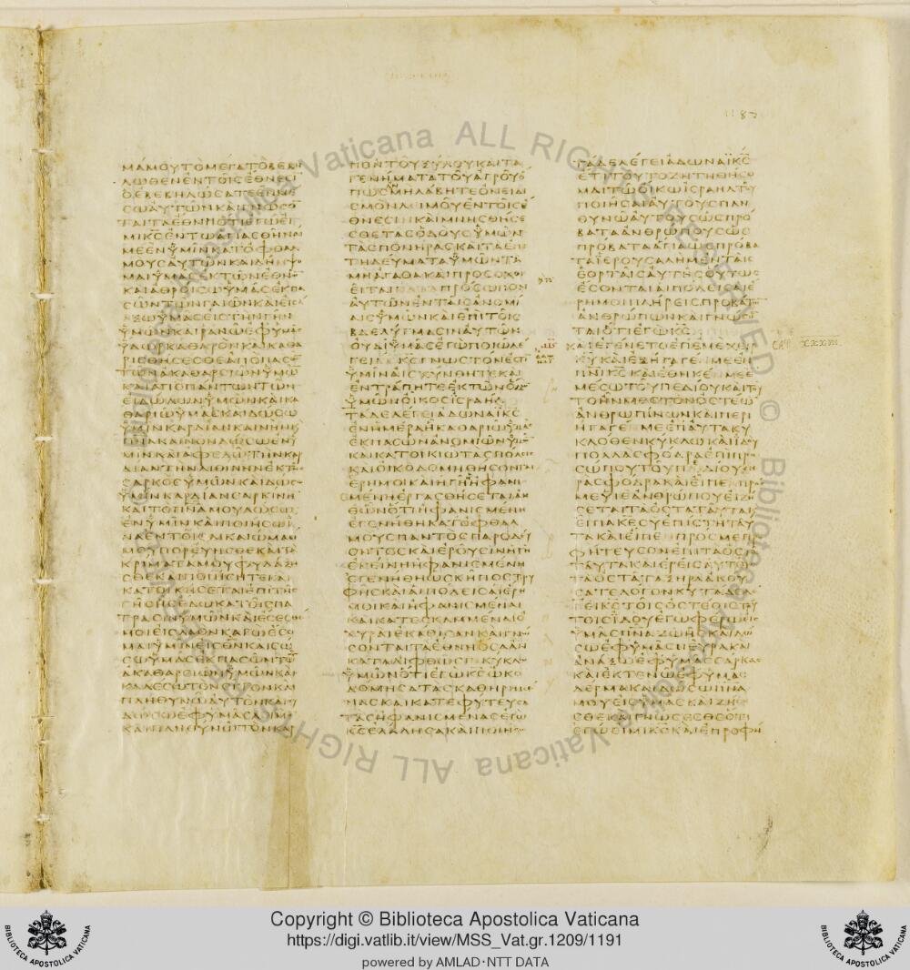 Codex Vaticanus showing Ezekiel 34:21 from Early to Mid-4th Century AD, currently housed at Vatican Library, Vatican City