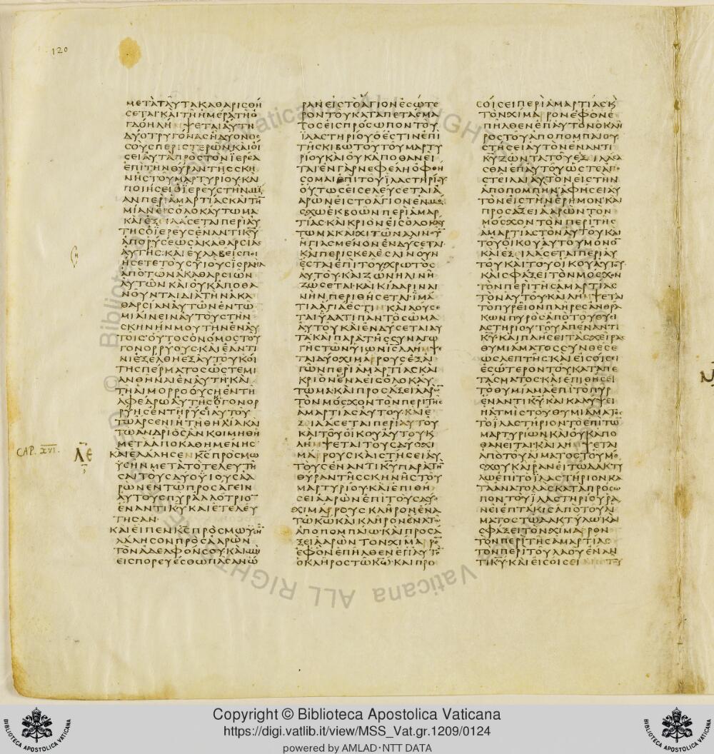 Codex Vaticanus showing Leviticus 16:2 from Early to Mid-4th Century AD, currently housed at Vatican Library, Vatican City