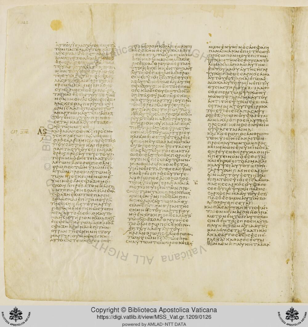Codex Vaticanus showing Leviticus 18:13 from Early to Mid-4th Century AD, currently housed at Vatican Library, Vatican City