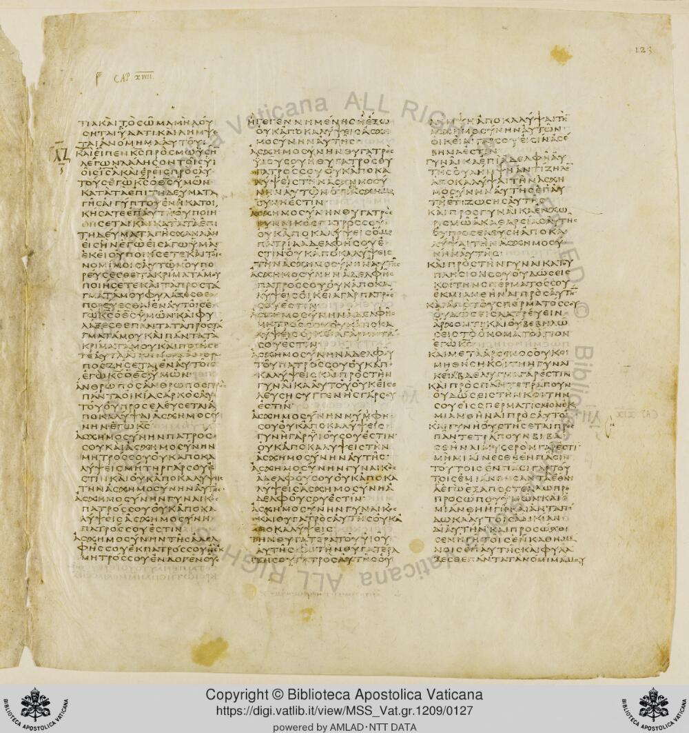 Codex Vaticanus showing Leviticus 18:21 from Early to Mid-4th Century AD, currently housed at Vatican Library, Vatican City