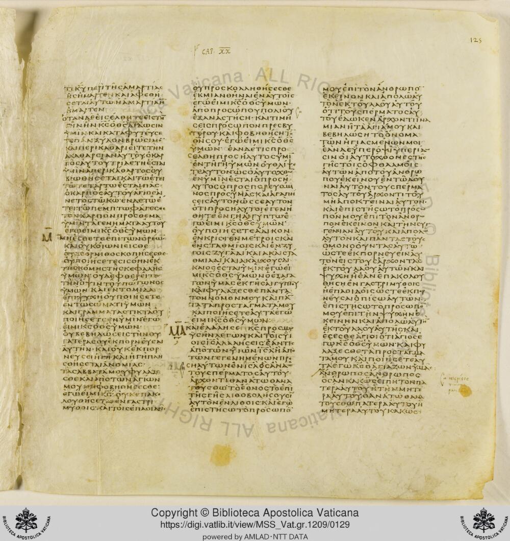 Codex Vaticanus showing Leviticus 20:13 from Early to Mid-4th Century AD, currently housed at Vatican Library, Vatican City
