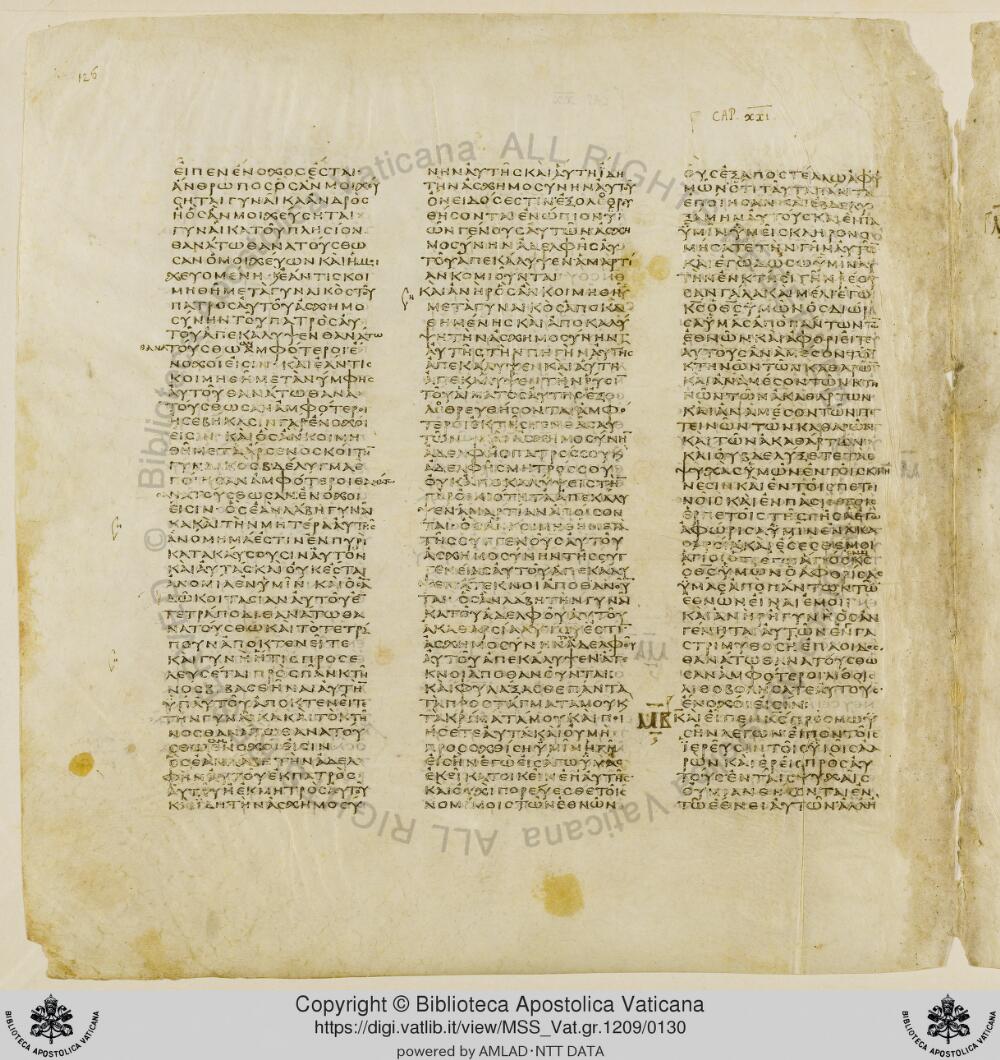 Codex Vaticanus showing Leviticus 21:2 from Early to Mid-4th Century AD, currently housed at Vatican Library, Vatican City