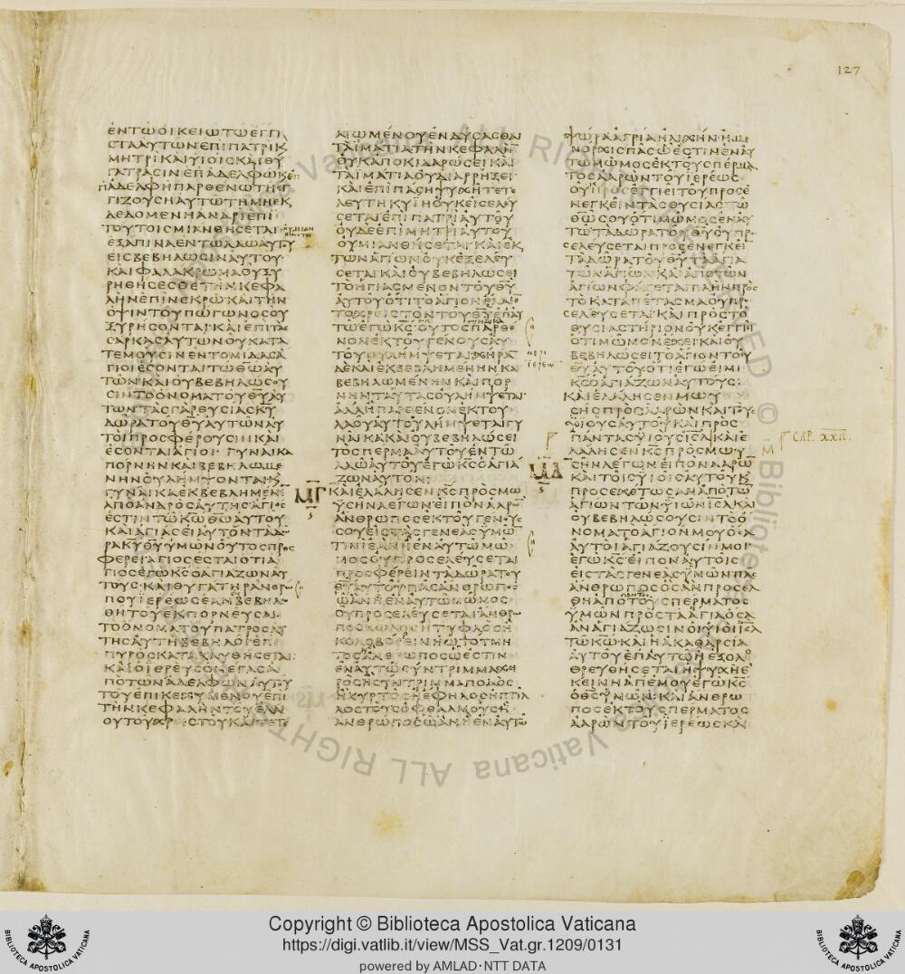 Codex Vaticanus showing Leviticus 21:13 from Early to Mid-4th Century AD, currently housed at Vatican Library, Vatican City
