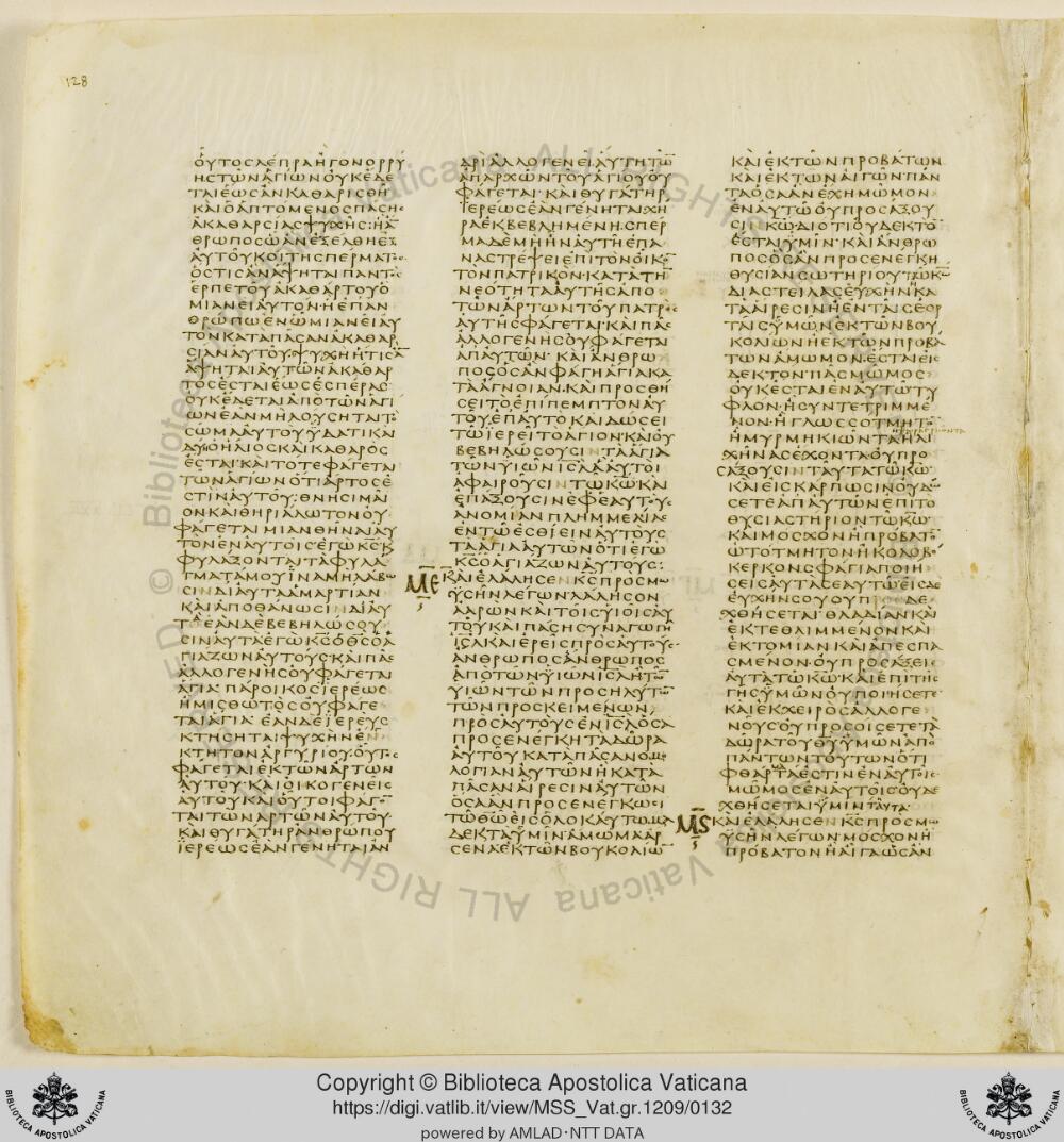 Codex Vaticanus showing Leviticus 22:13 from Early to Mid-4th Century AD, currently housed at Vatican Library, Vatican City