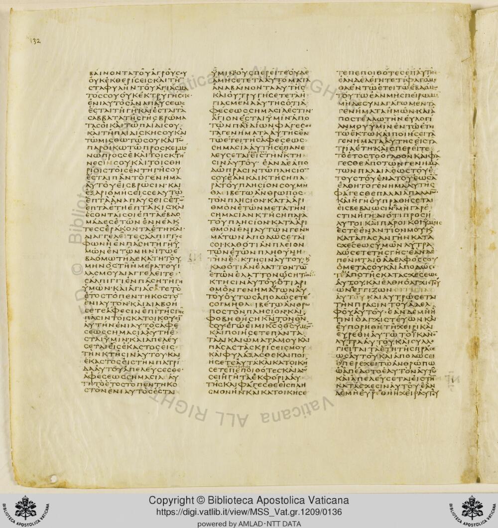 Codex Vaticanus showing Leviticus 25:21 from Early to Mid-4th Century AD, currently housed at Vatican Library, Vatican City