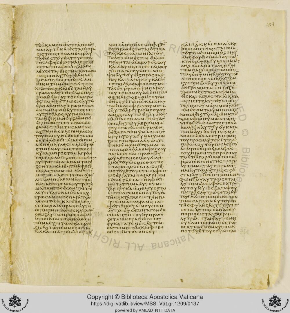 Codex Vaticanus showing Leviticus 25:32 from Early to Mid-4th Century AD, currently housed at Vatican Library, Vatican City