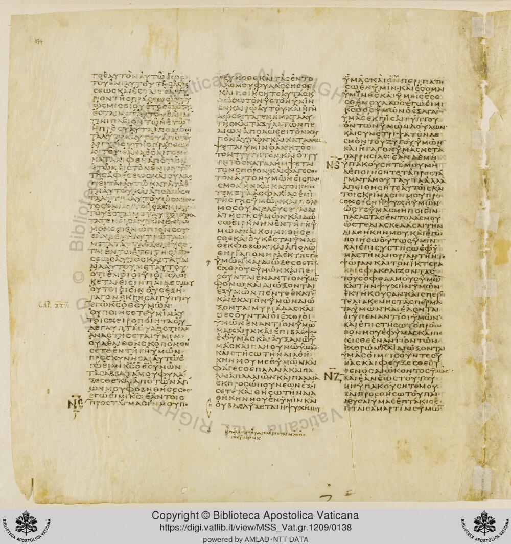 Codex Vaticanus showing Leviticus 25:46 from Early to Mid-4th Century AD, currently housed at Vatican Library, Vatican City