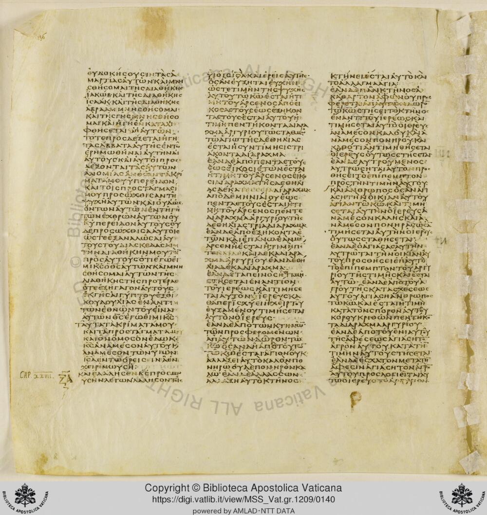 Codex Vaticanus showing Leviticus 26:39 from Early to Mid-4th Century AD, currently housed at Vatican Library, Vatican City