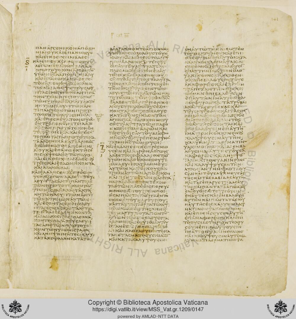 Codex Vaticanus showing Numbers 3:49 from Early to Mid-4th Century AD, currently housed at Vatican Library, Vatican City