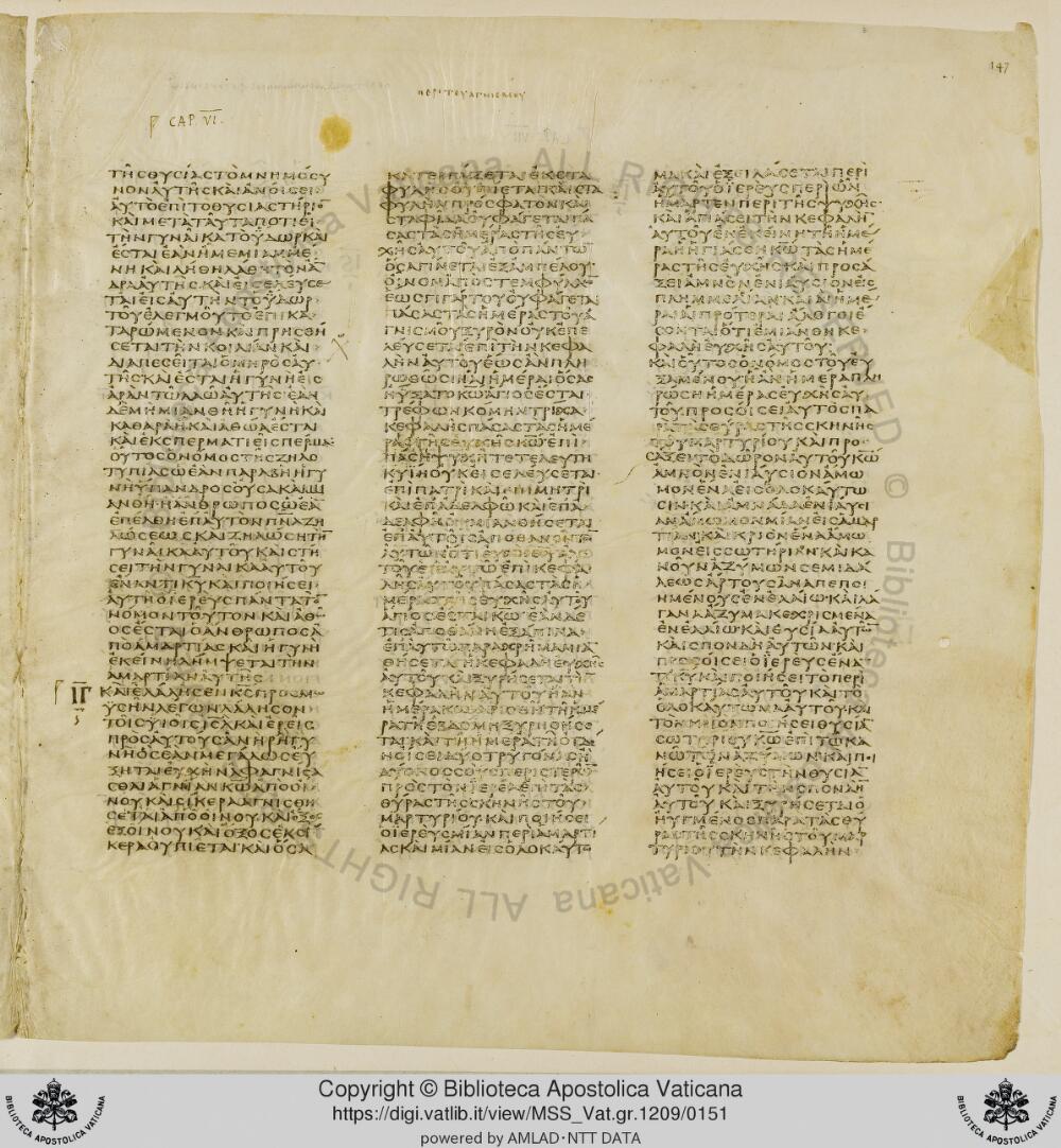 Codex Vaticanus showing Numbers 6:13 from Early to Mid-4th Century AD, currently housed at Vatican Library, Vatican City