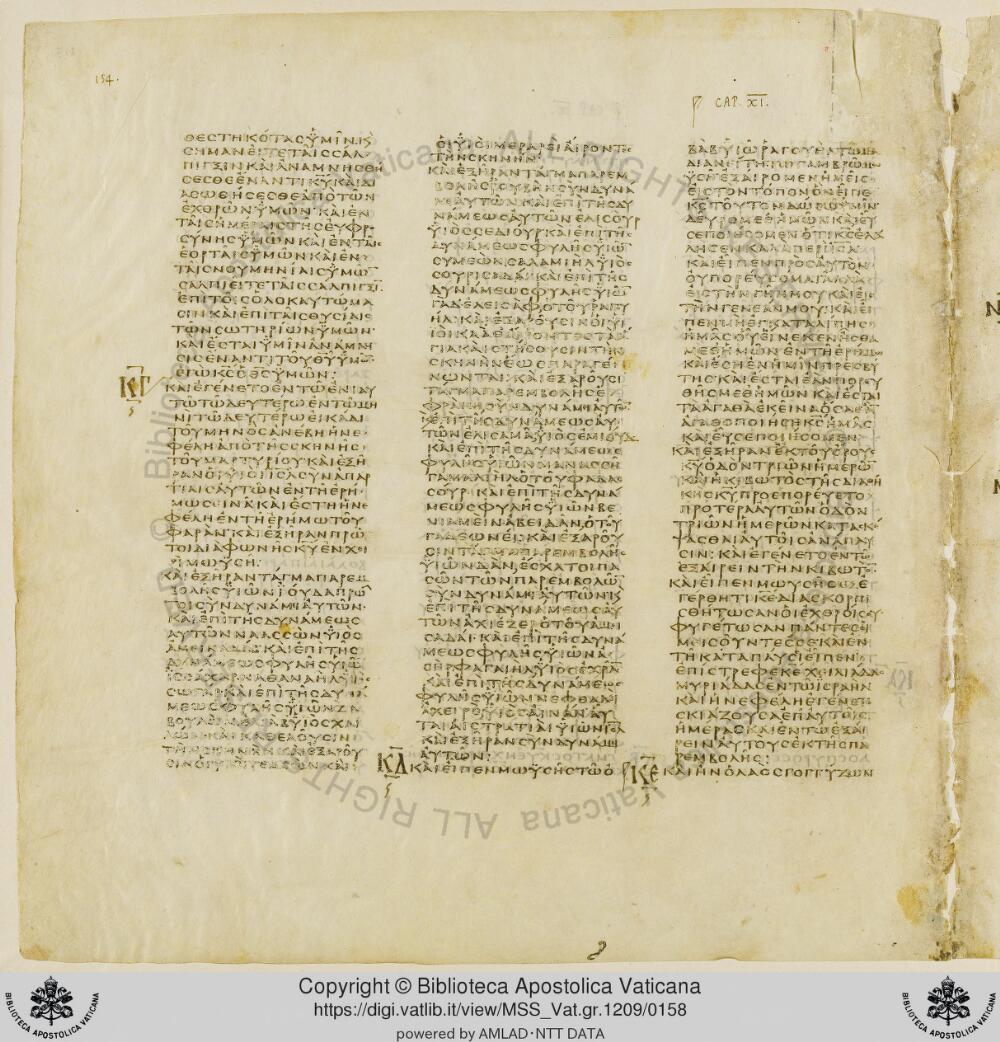 Codex Vaticanus showing Numbers 10:21 from Early to Mid-4th Century AD, currently housed at Vatican Library, Vatican City