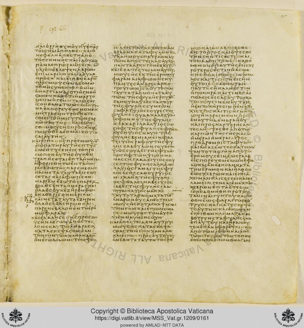 Codex Vaticanus showing Numbers 13:4 from Early to Mid-4th Century AD, currently housed at Vatican Library, Vatican City