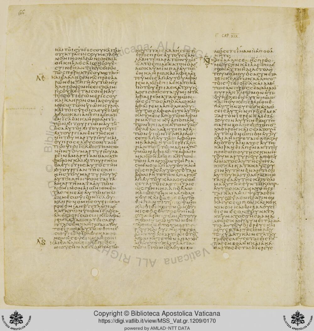 Codex Vaticanus showing Numbers 18:21 from Early to Mid-4th Century AD, currently housed at Vatican Library, Vatican City