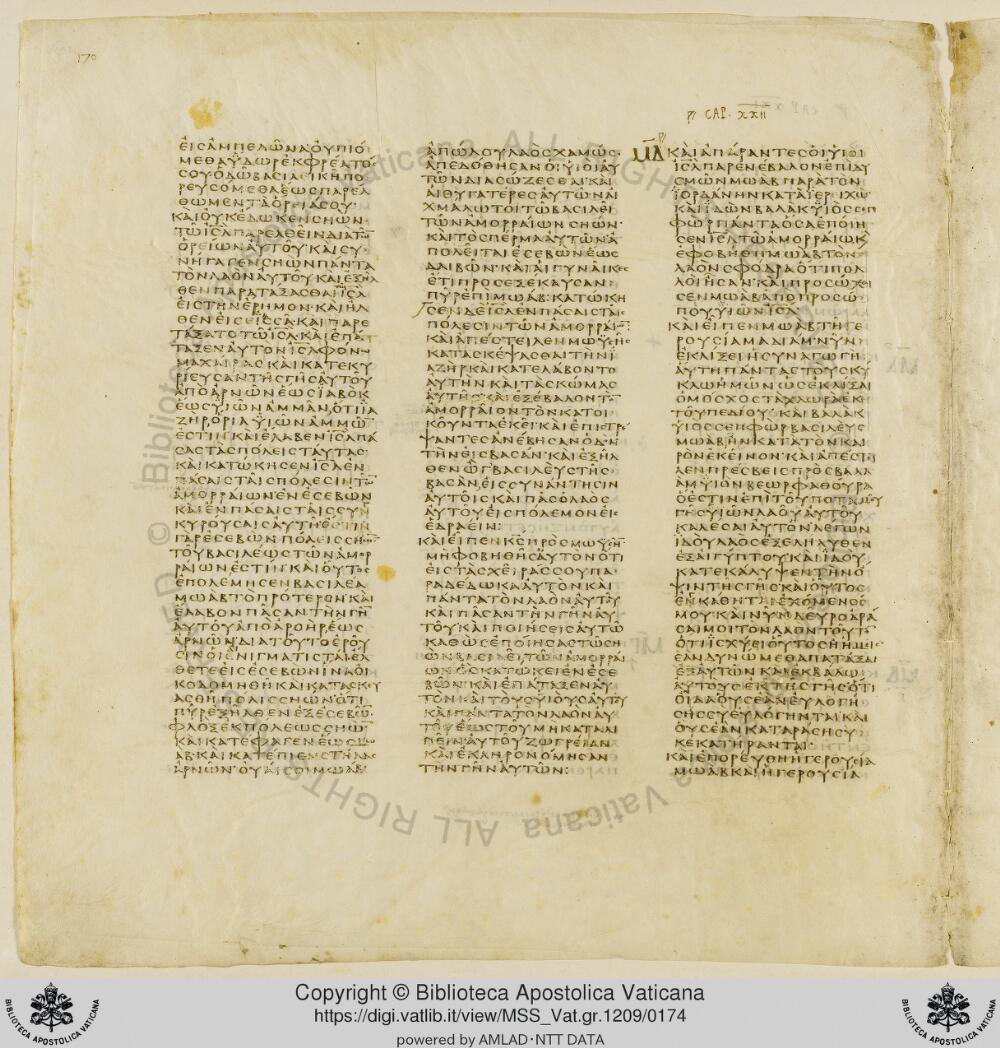 Codex Vaticanus showing Numbers 21:32 from Early to Mid-4th Century AD, currently housed at Vatican Library, Vatican City