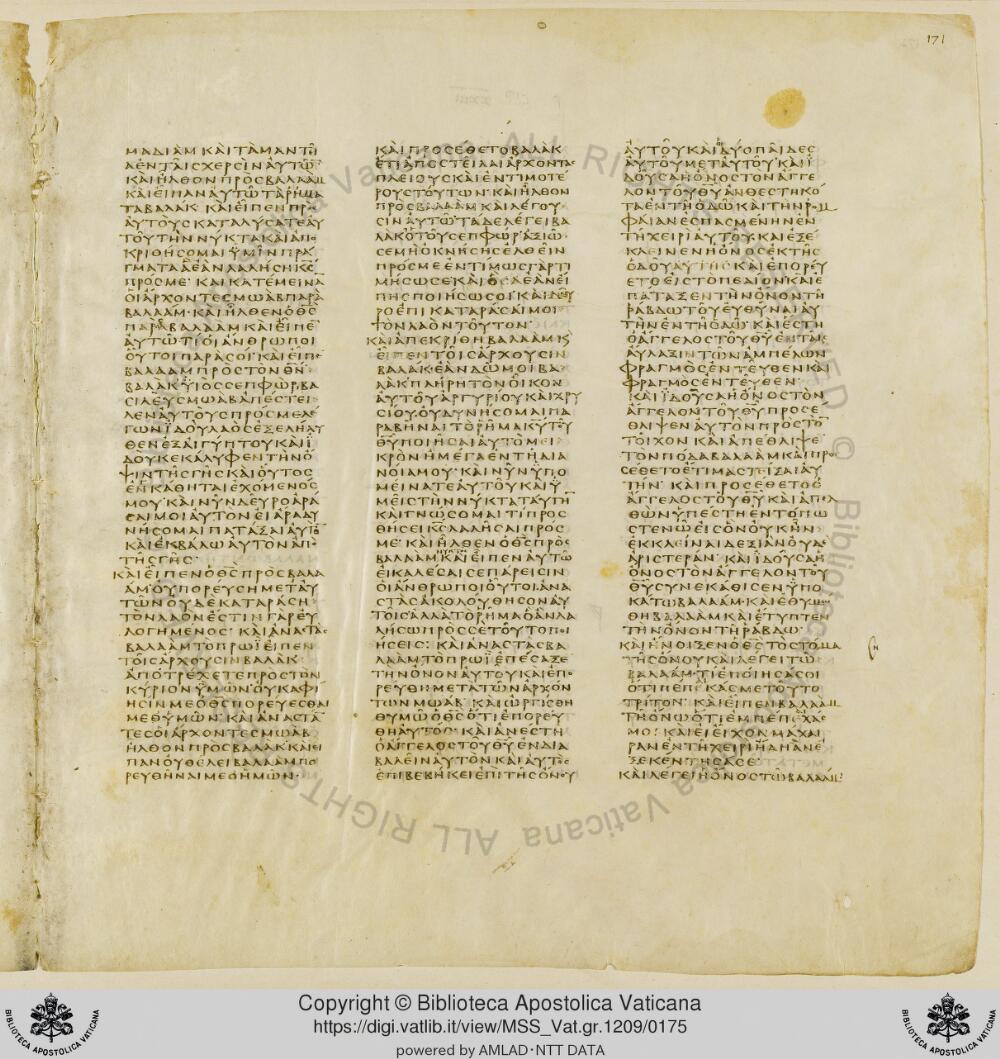 Codex Vaticanus showing Numbers 22:21 from Early to Mid-4th Century AD, currently housed at Vatican Library, Vatican City