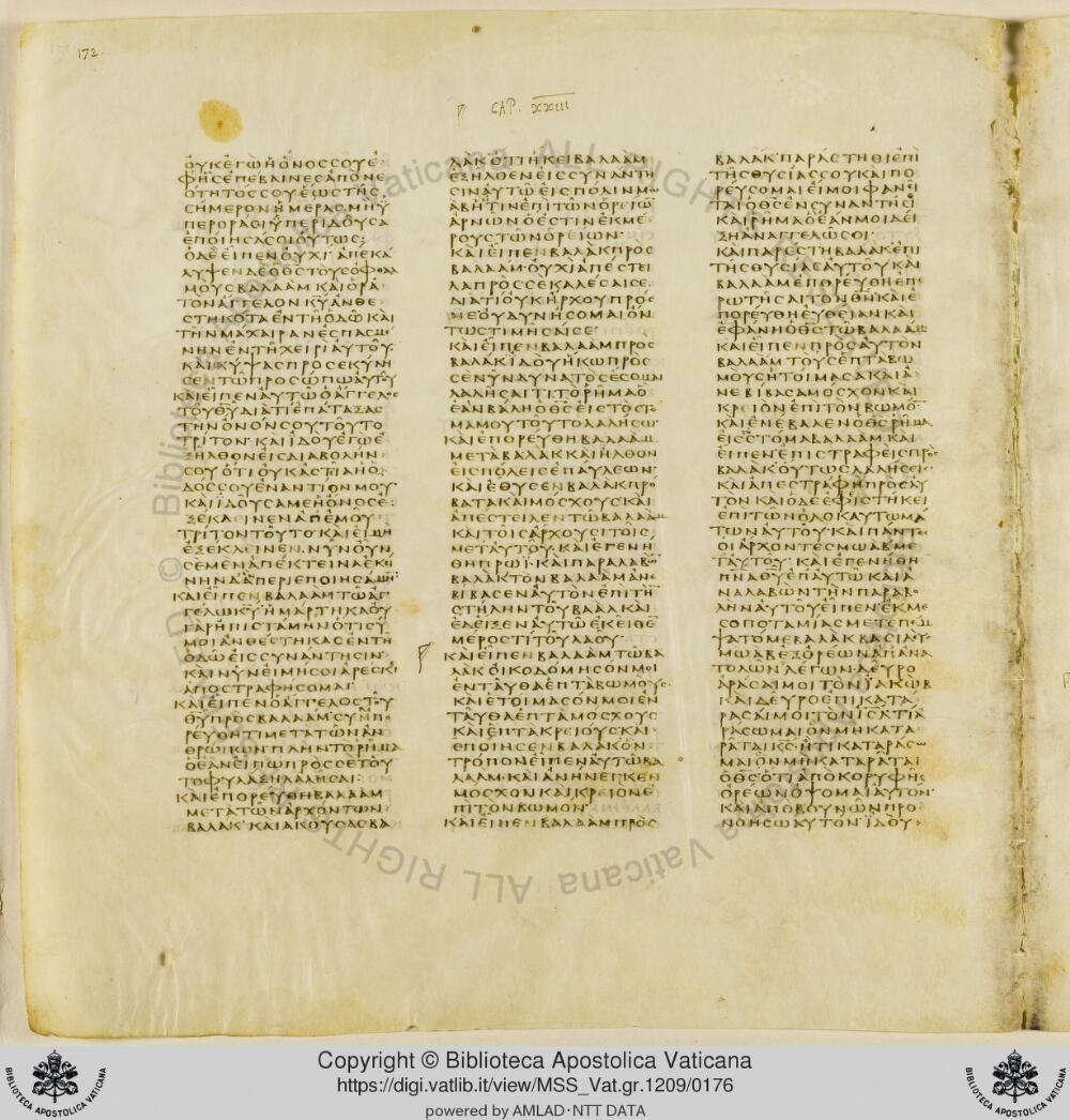 Codex Vaticanus showing Numbers 23:21 from Early to Mid-4th Century AD, currently housed at Vatican Library, Vatican City