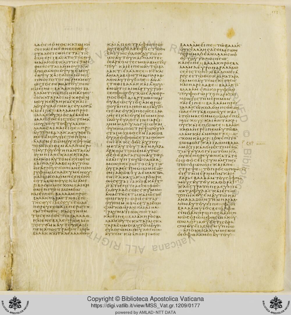 Codex Vaticanus showing Numbers 24:3 from Early to Mid-4th Century AD, currently housed at Vatican Library, Vatican City