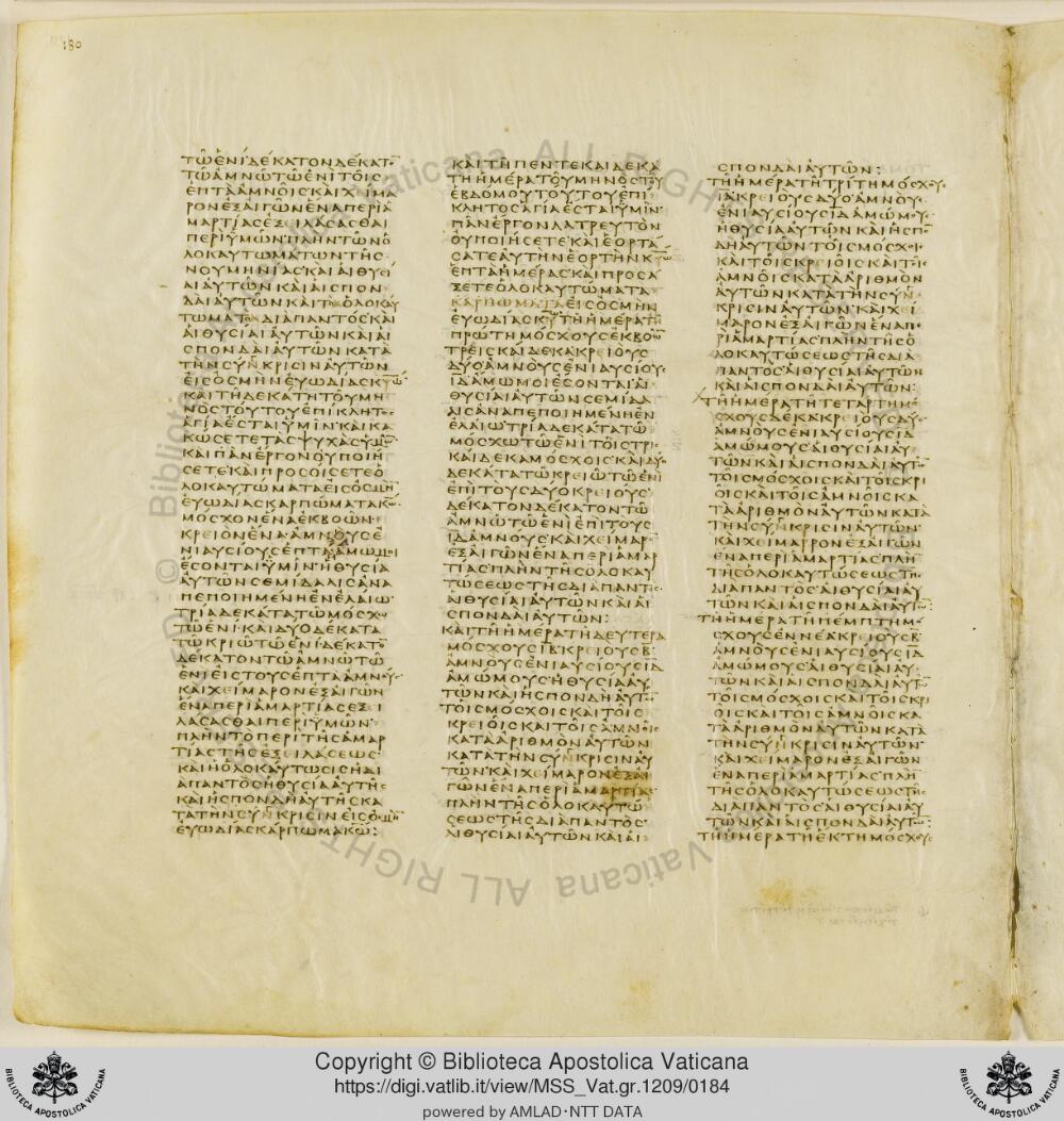 Codex Vaticanus showing Numbers 29:21 from Early to Mid-4th Century AD, currently housed at Vatican Library, Vatican City