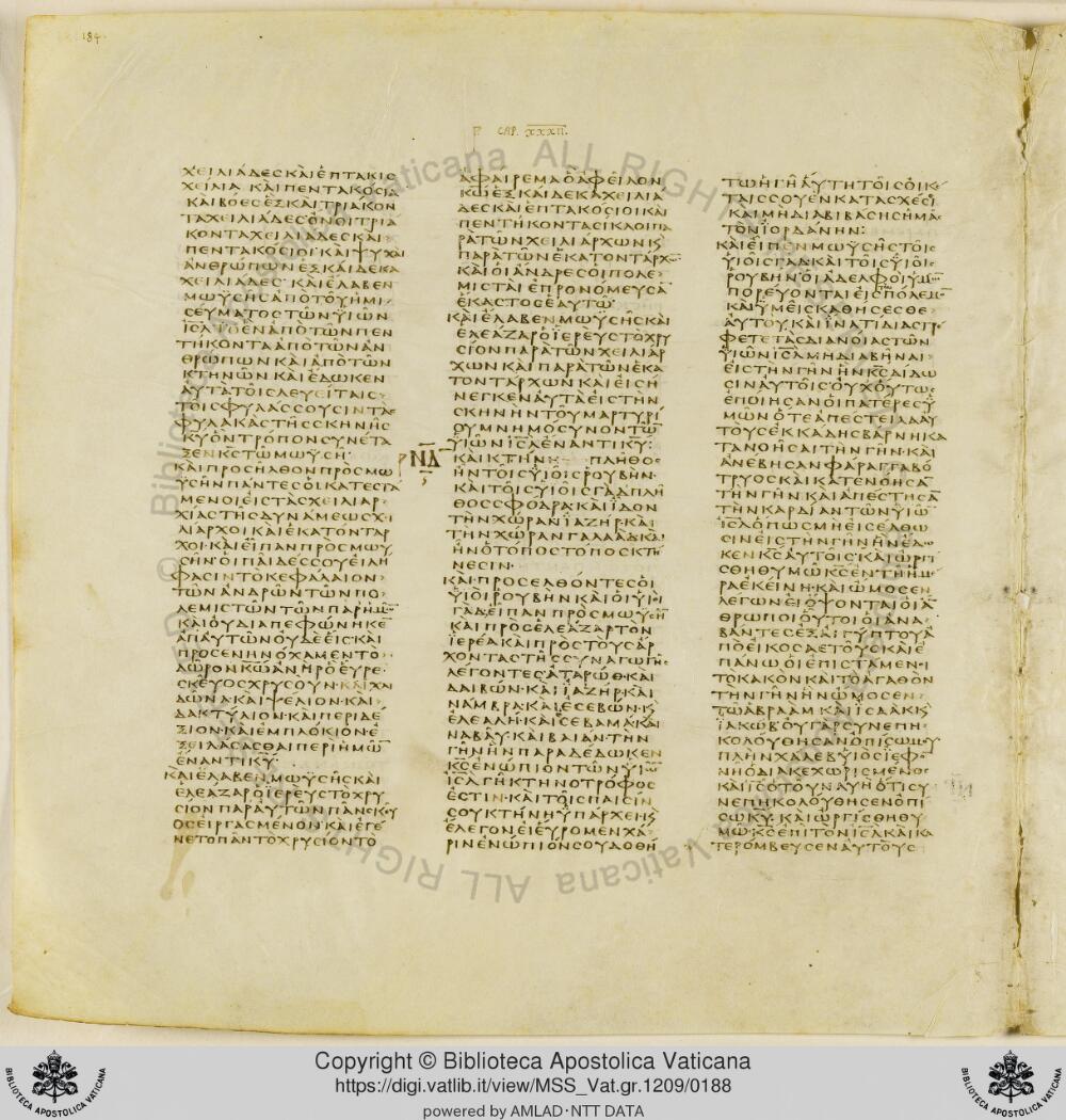 Codex Vaticanus showing Numbers 32:2 from Early to Mid-4th Century AD, currently housed at Vatican Library, Vatican City