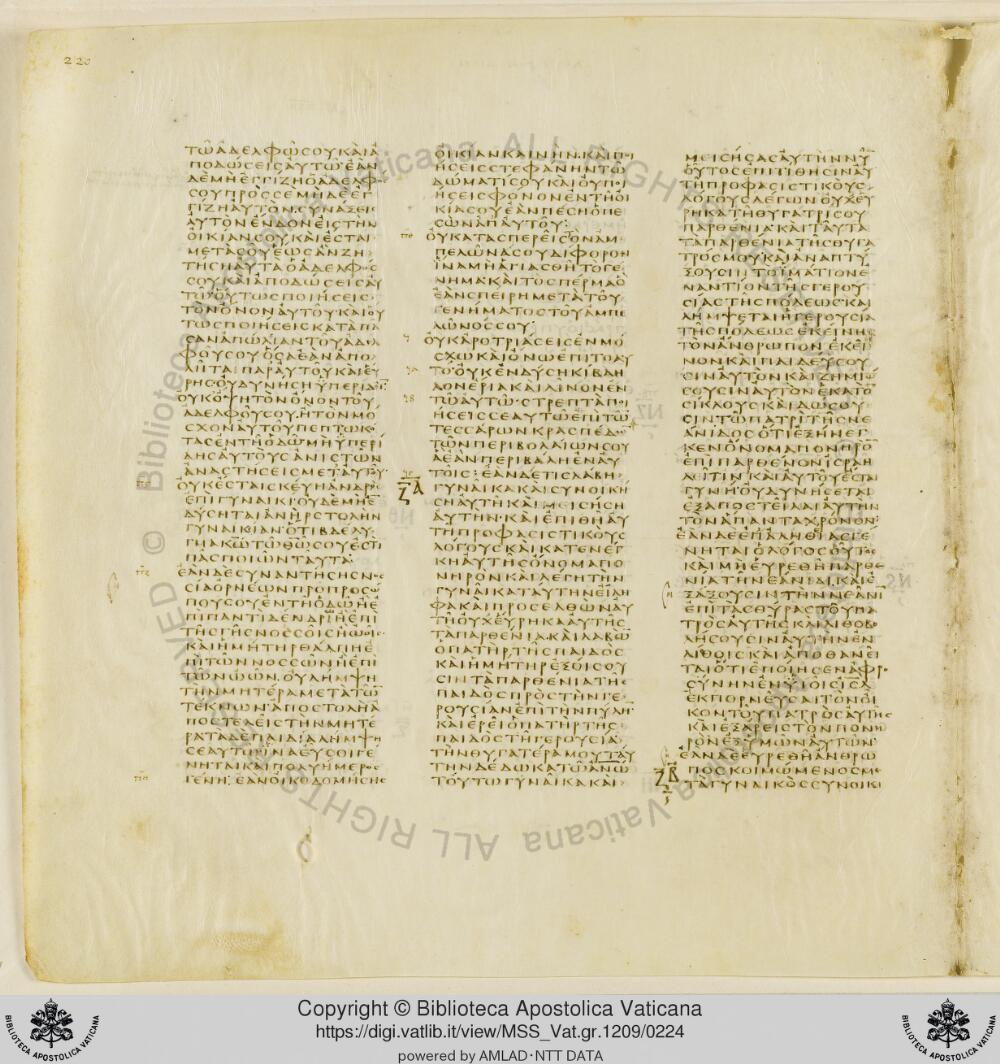 Codex Vaticanus showing Deuteronomy 21:23 from Early to Mid-4th Century AD, currently housed at Vatican Library, Vatican City