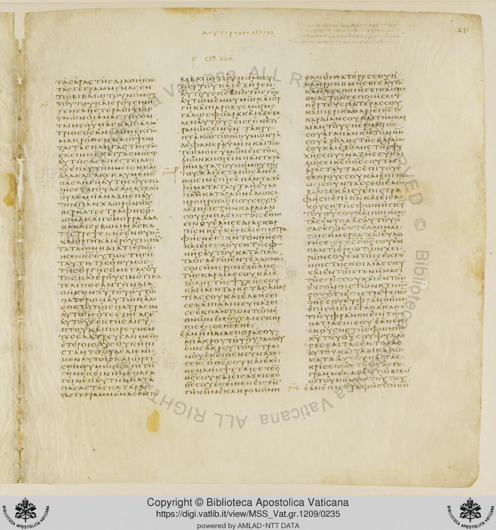 Codex Vaticanus showing Deuteronomy 29:21 from Early to Mid-4th Century AD, currently housed at Vatican Library, Vatican City