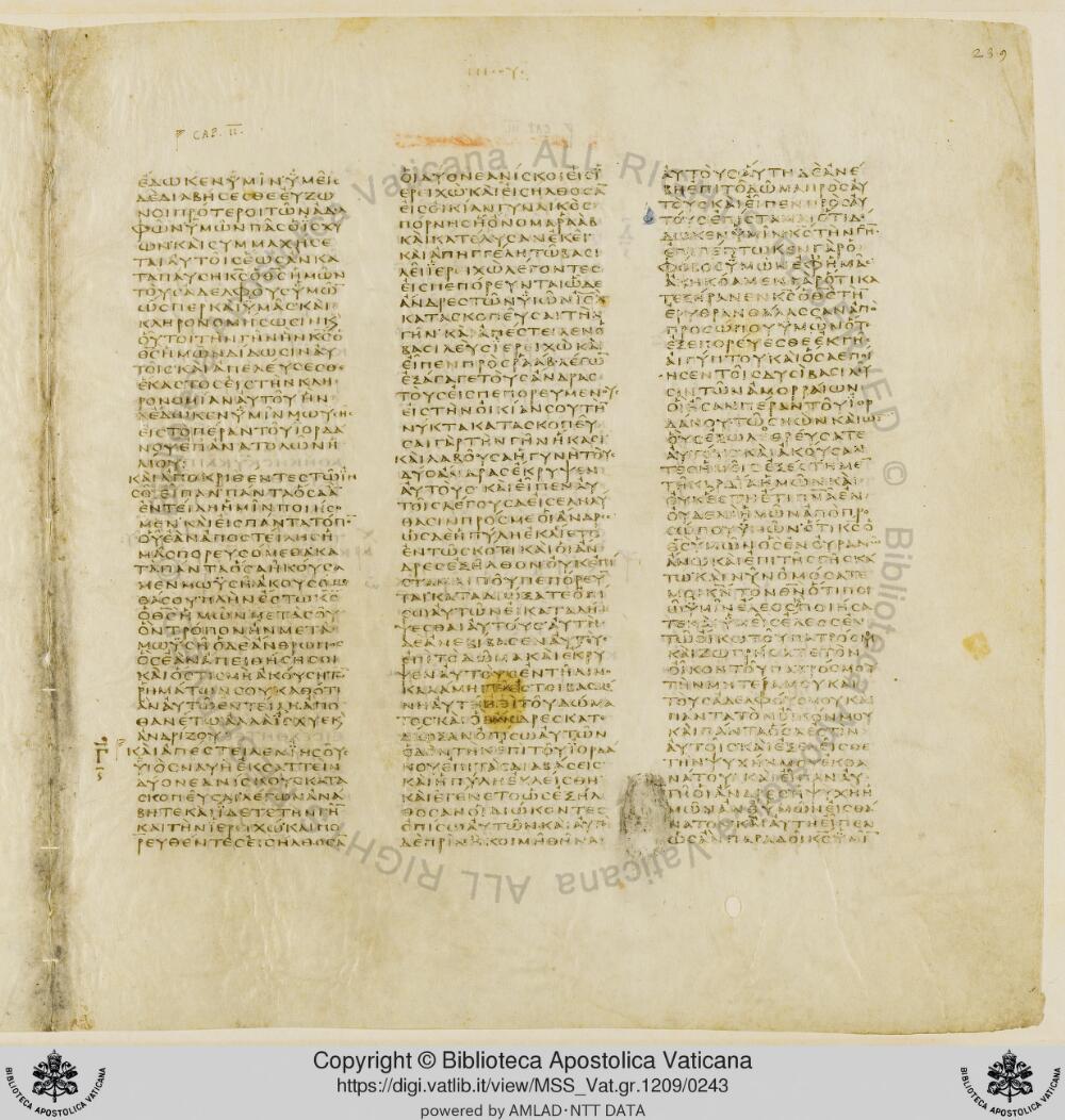 Codex Vaticanus showing Joshua (Jesus) 2:1 from Early to Mid-4th Century AD, currently housed at Vatican Library, Vatican City