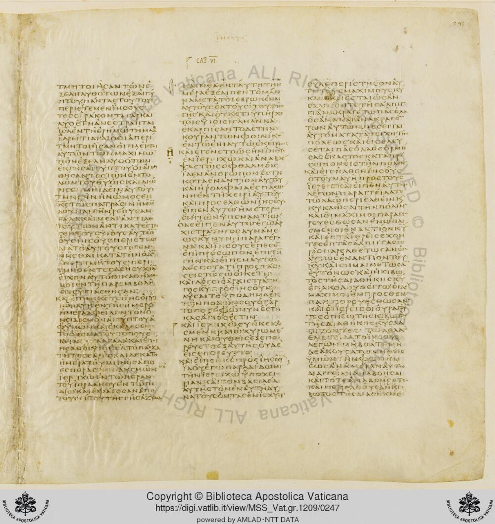 Codex Vaticanus showing Joshua (Jesus) 5:13 from Early to Mid-4th Century AD, currently housed at Vatican Library, Vatican City