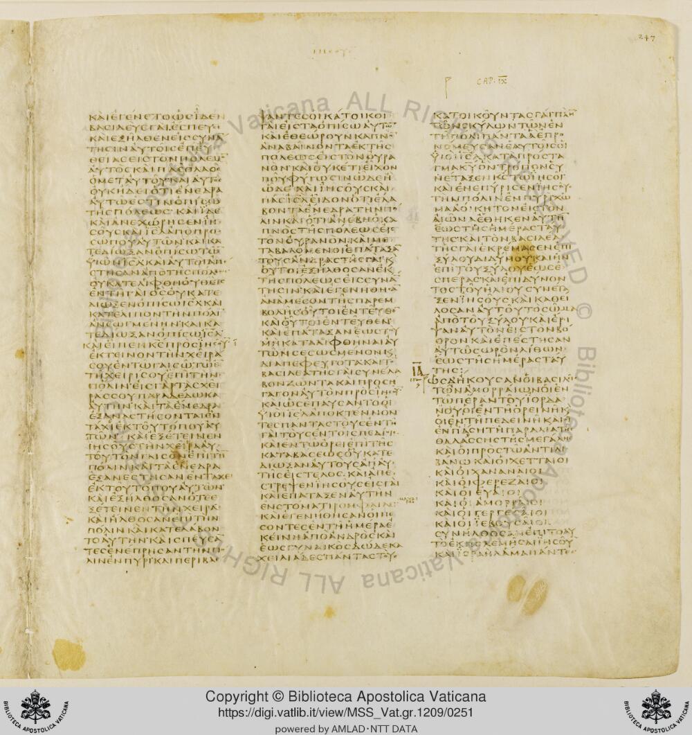 Codex Vaticanus showing Joshua (Jesus) 8:32 from Early to Mid-4th Century AD, currently housed at Vatican Library, Vatican City