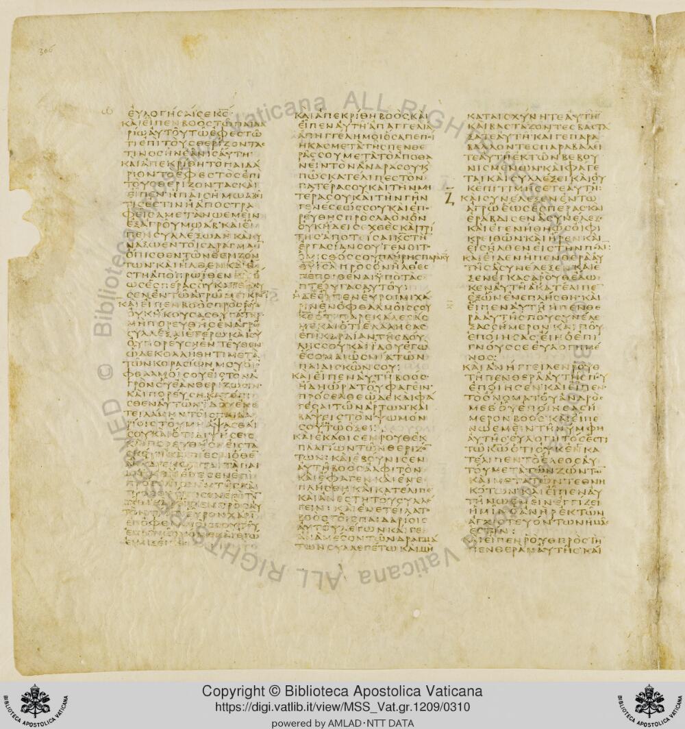 Codex Vaticanus showing Ruth 2:7 from Early to Mid-4th Century AD, currently housed at Vatican Library, Vatican City