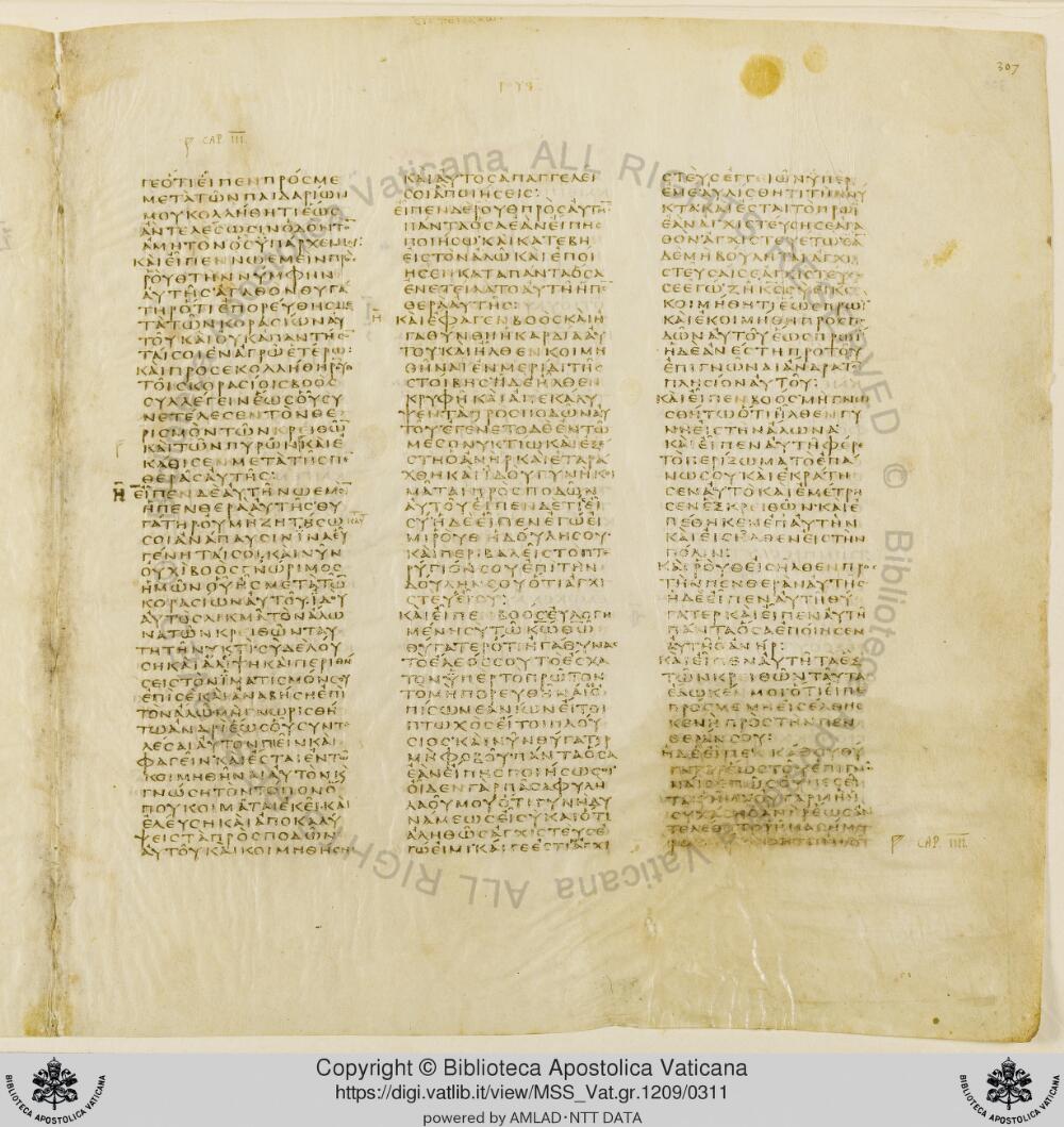 Codex Vaticanus showing Ruth 2:21 from Early to Mid-4th Century AD, currently housed at Vatican Library, Vatican City