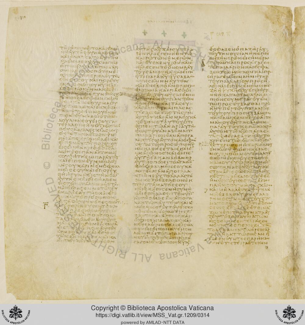 Codex Vaticanus showing 1 Samuel (1 Kingdoms) 1:13 from Early to Mid-4th Century AD, currently housed at Vatican Library, Vatican City