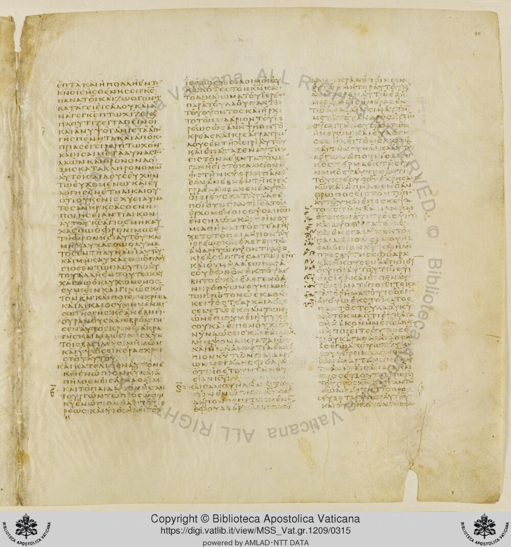 Codex Vaticanus showing 1 Samuel (1 Kingdoms) 1:21 from Early to Mid-4th Century AD, currently housed at Vatican Library, Vatican City
