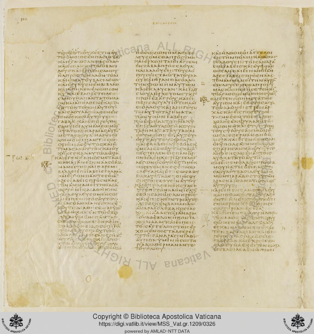 Codex Vaticanus showing 1 Samuel (1 Kingdoms) 10:21 from Early to Mid-4th Century AD, currently housed at Vatican Library, Vatican City