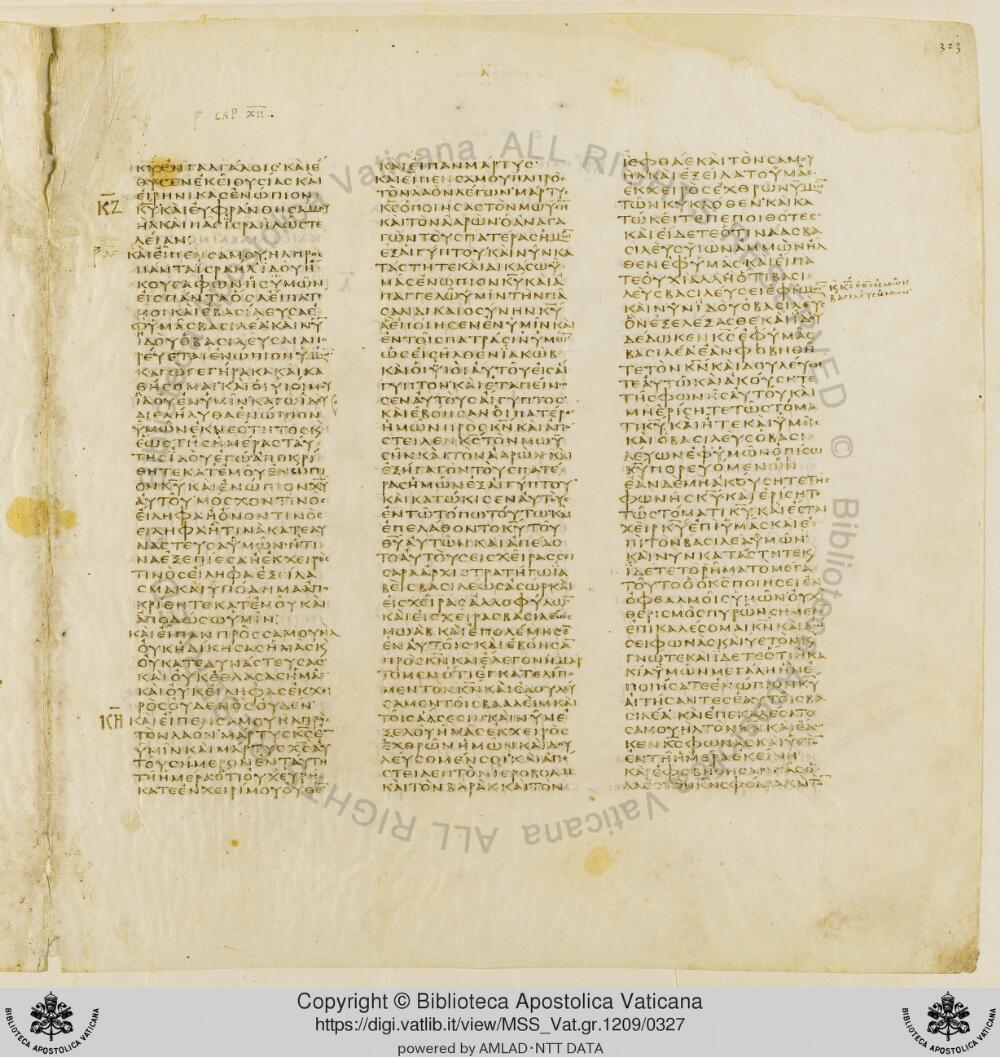 Codex Vaticanus showing 1 Samuel (1 Kingdoms) 11:13 from Early to Mid-4th Century AD, currently housed at Vatican Library, Vatican City