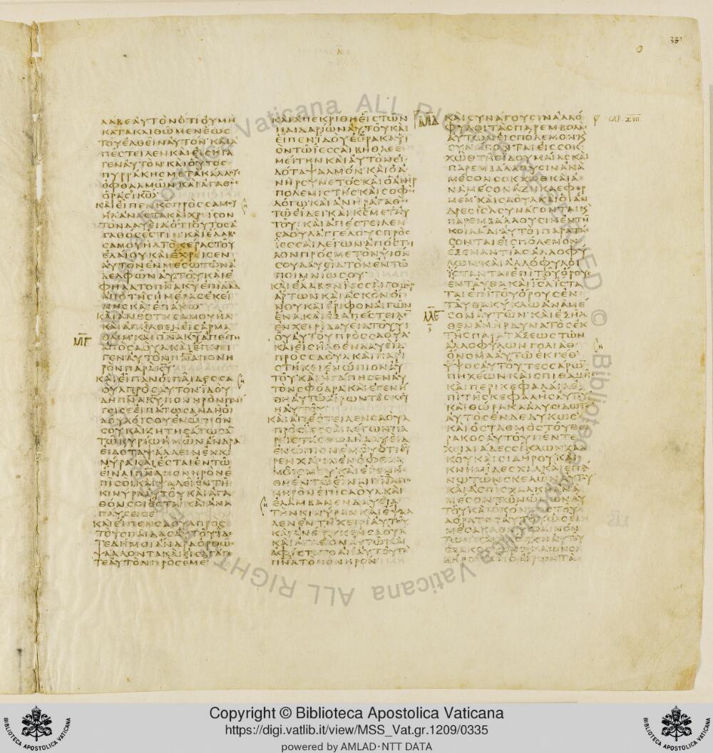 Codex Vaticanus showing 1 Samuel (1 Kingdoms) 16:2 from Early to Mid-4th Century AD, currently housed at Vatican Library, Vatican City