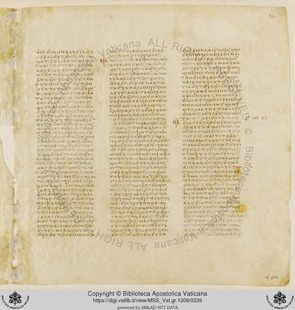 Codex Vaticanus showing 1 Samuel (1 Kingdoms) 17:39 from Early to Mid-4th Century AD, currently housed at Vatican Library, Vatican City