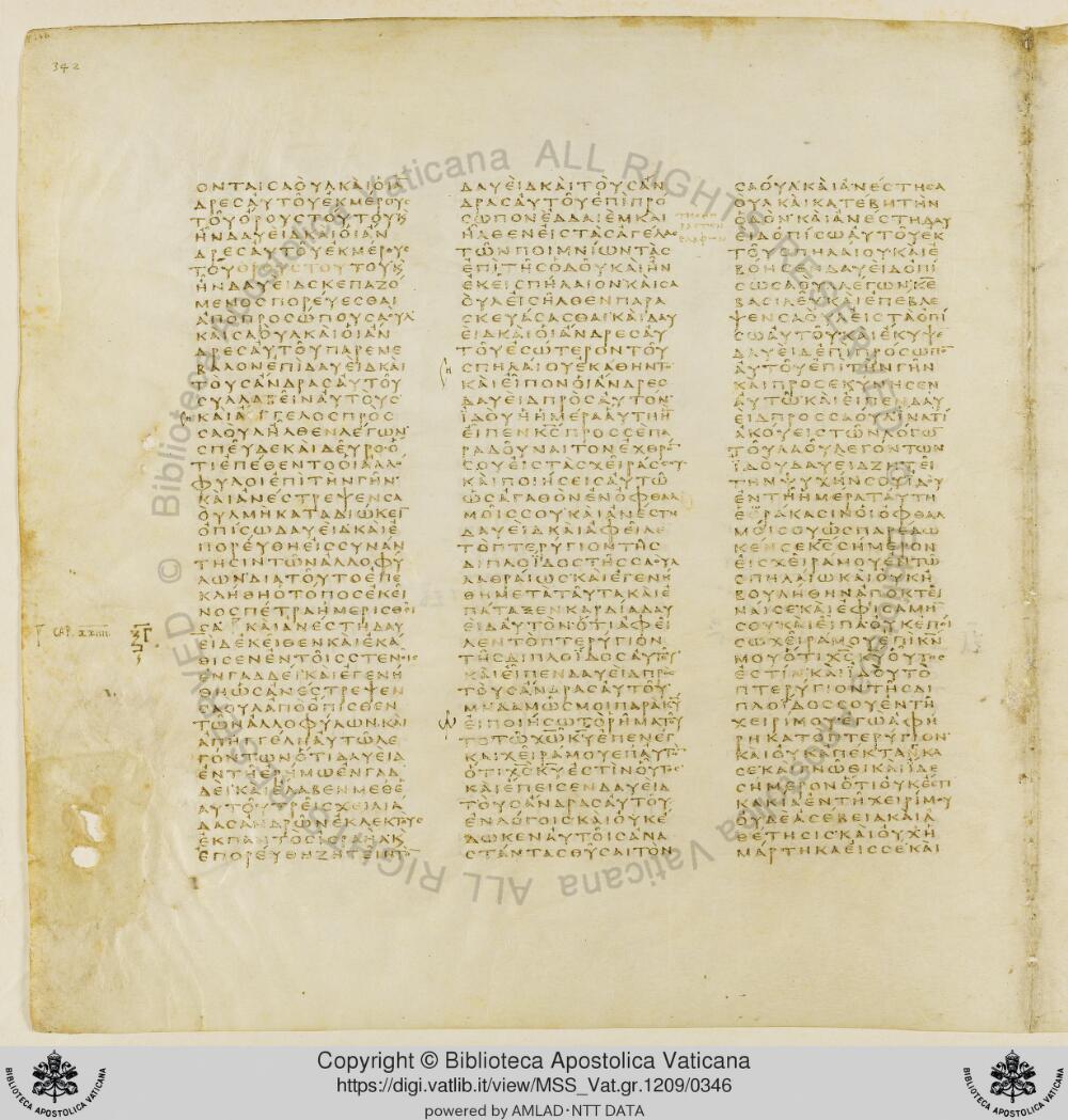 Codex Vaticanus showing 1 Samuel (1 Kingdoms) 21:13 from Early to Mid-4th Century AD, currently housed at Vatican Library, Vatican City