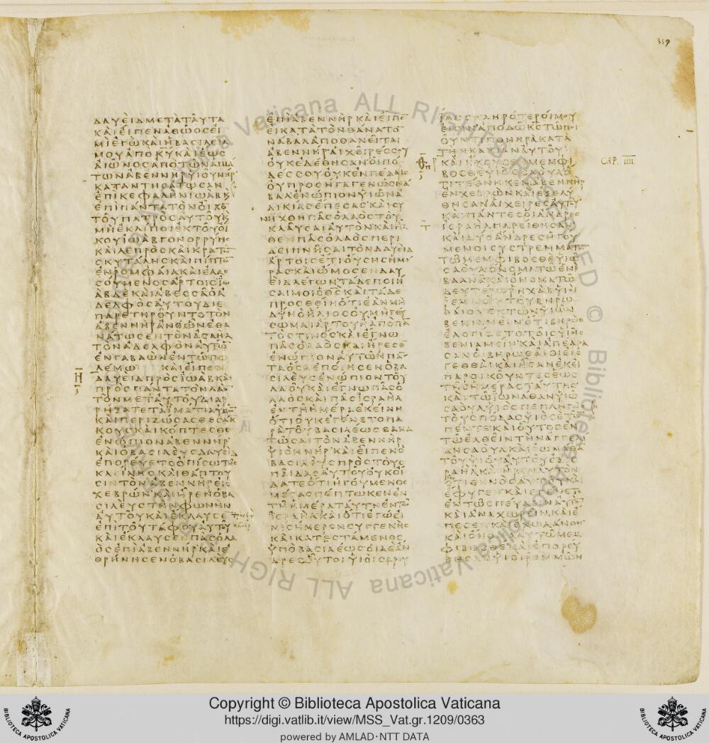 Codex Vaticanus showing 2 Samuel (2 Kingdoms) 3:2 from Early to Mid-4th Century AD, currently housed at Vatican Library, Vatican City