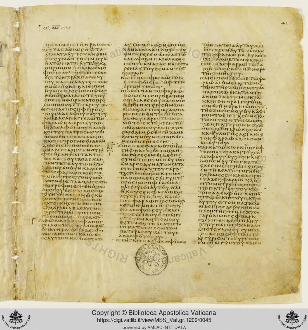 Codex Vaticanus showing Genesis 47:2 from Early to Mid-4th Century AD, currently housed at Vatican Library, Vatican City