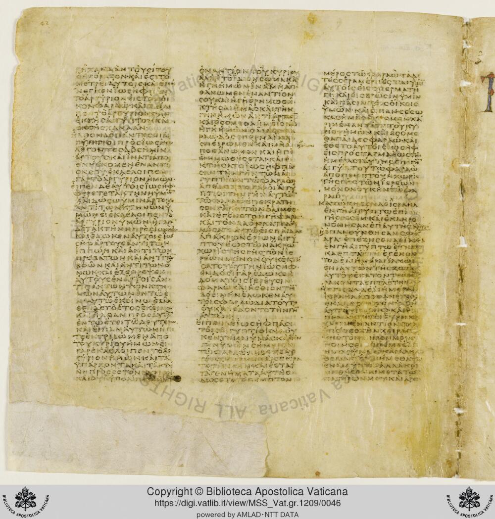 Codex Vaticanus showing Genesis 47:22 from Early to Mid-4th Century AD, currently housed at Vatican Library, Vatican City